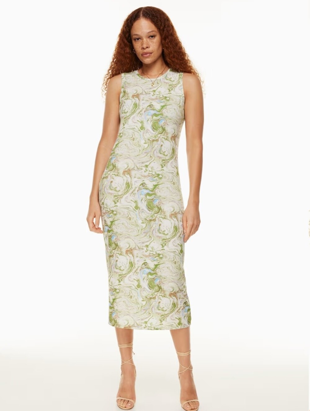 Aritzia Wilfred Possibility Marble Sleeveless Midi Dress Medium Green Cream